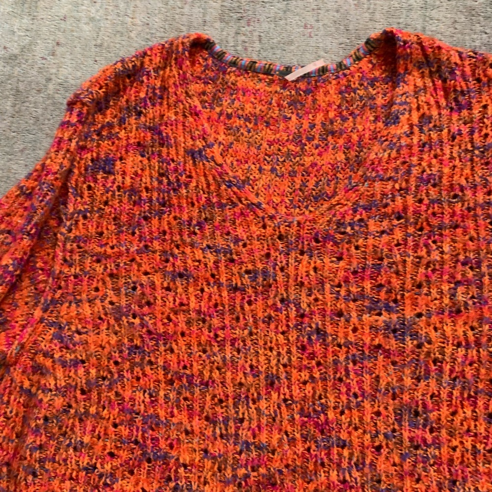 Free People Vibrant Orange and Pink V-Neck Sweater
